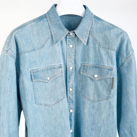 Brunello Cucinelli SS/22 Blue Monili-Trim Button-Down Long-Sleeved Denim Shirt - Picture 3 of 16